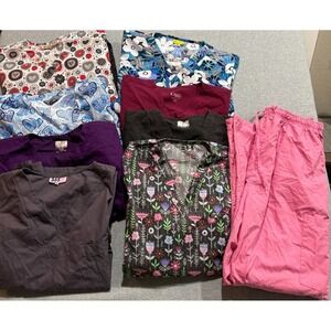 Lot Of 9 Total: 7 Women's Scrub Tops Size 2XL, 1 3XL, 1 Pair of Scrub Pants 2XL
